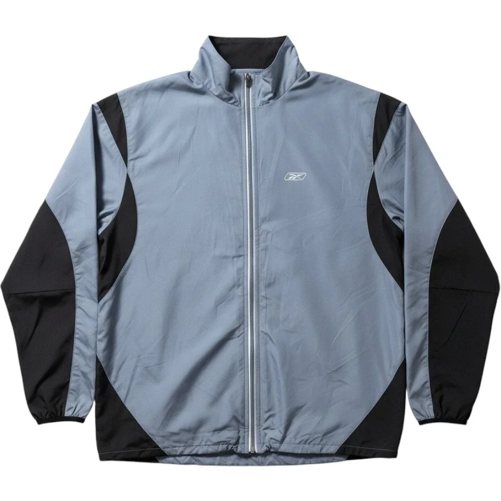 Reebok Windbreaker Jacket‎ Mens L Grey Black Full Zip Reflective Mock Neck Sport